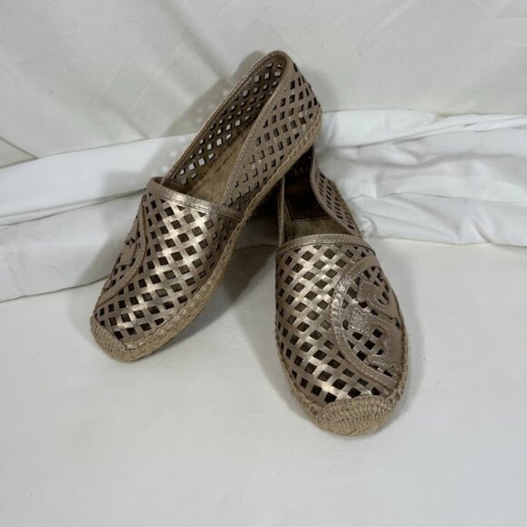 Tory Burch Gold Leather Laser Cut Espadrilles - Size 8M - Picture 1 of 7